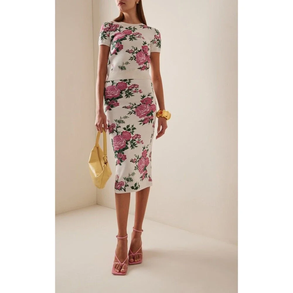 Carolina Herrera White and pink floral print Silk Maxi Skirt NWT Size XL